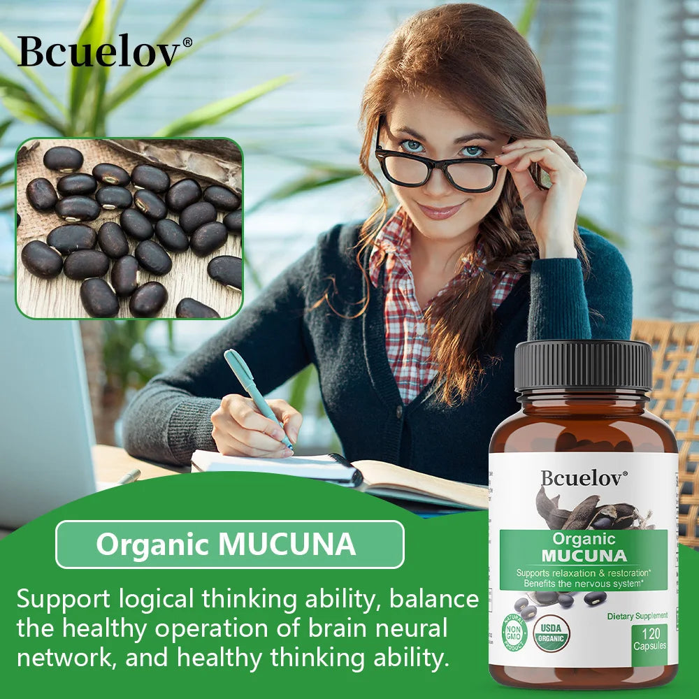 Organic Mucuna Capsules - Supports Relaxation and Well-Being - Natural Herbal Supplement for Nervous System Health Healthy supplements