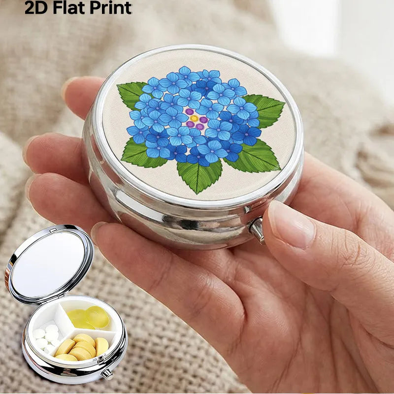Portable Mini Metal Pill Box Blue Hydrangea Floral 3 Compartment Medicine Case Travel Pill Organizer Small Pocket Vitamin Storage Holder for Purse Floral Pattern Medicine Dispensing Container Compact Durable Health Care Gift for Women Mom Healthy supplements