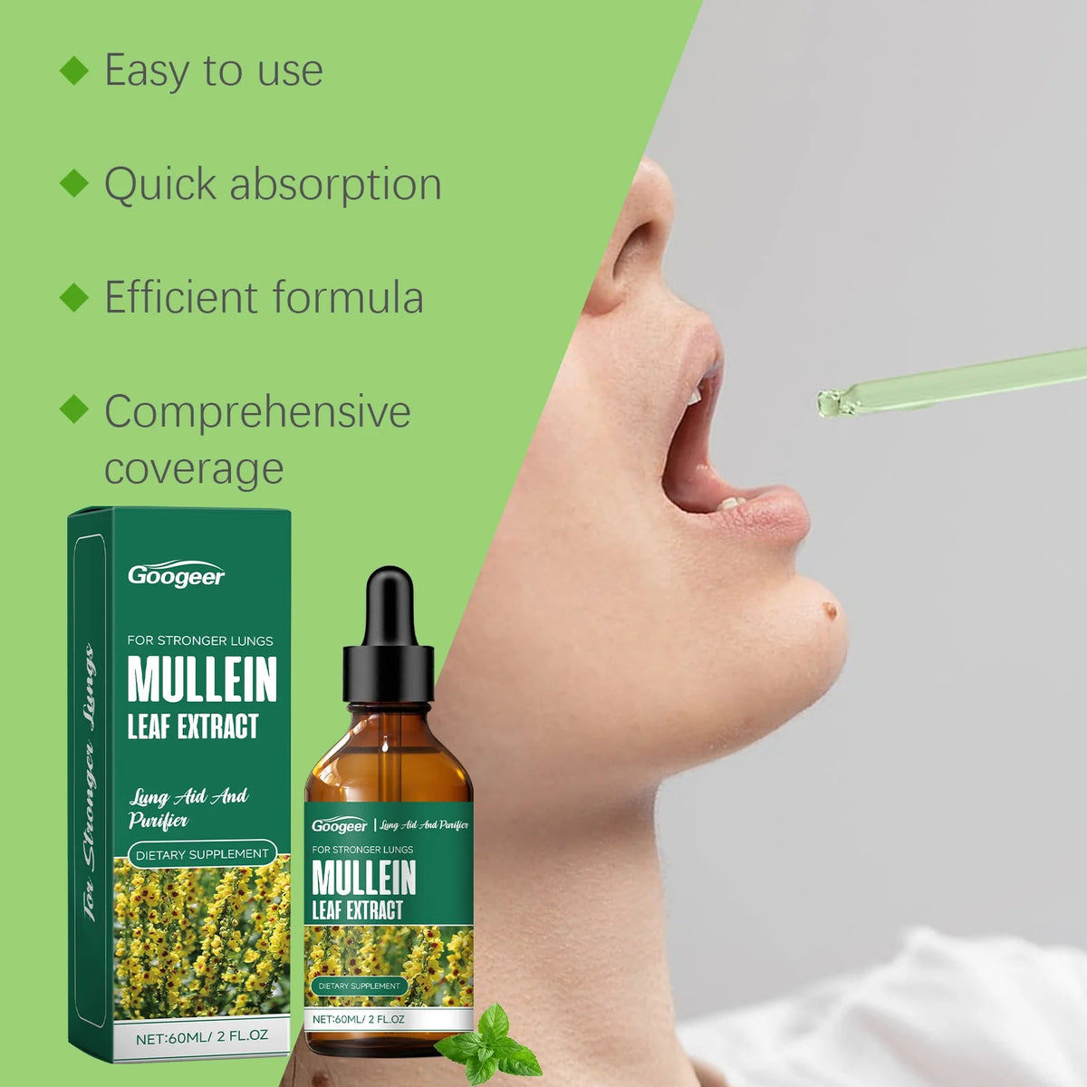 60ml Googeer Mullein Oral Supplement Support Cardio Brain Health Respiratory Comfort Anti Aging Metabolic Boost Heart Wellness Healthy supplements