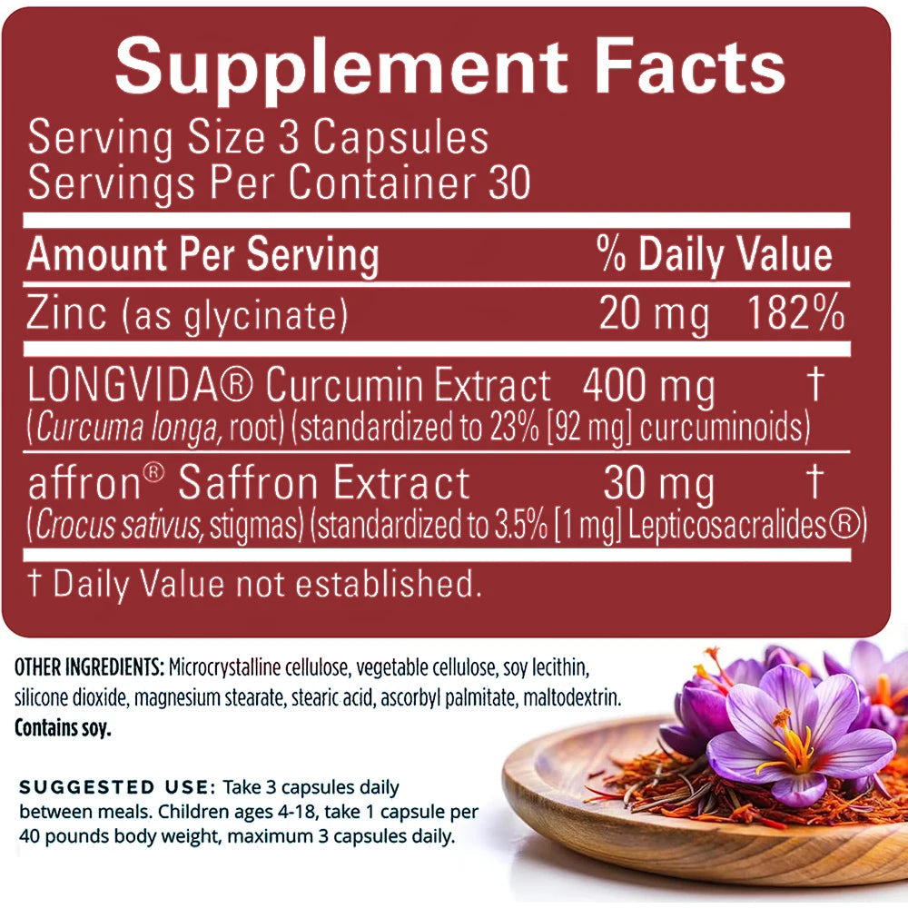 Saffron Supplements With Saffron Flower Extract, Curcumin & Zinc for Mood, Memory & Eye Health, Joint Supplements for Men Women Healthy supplements