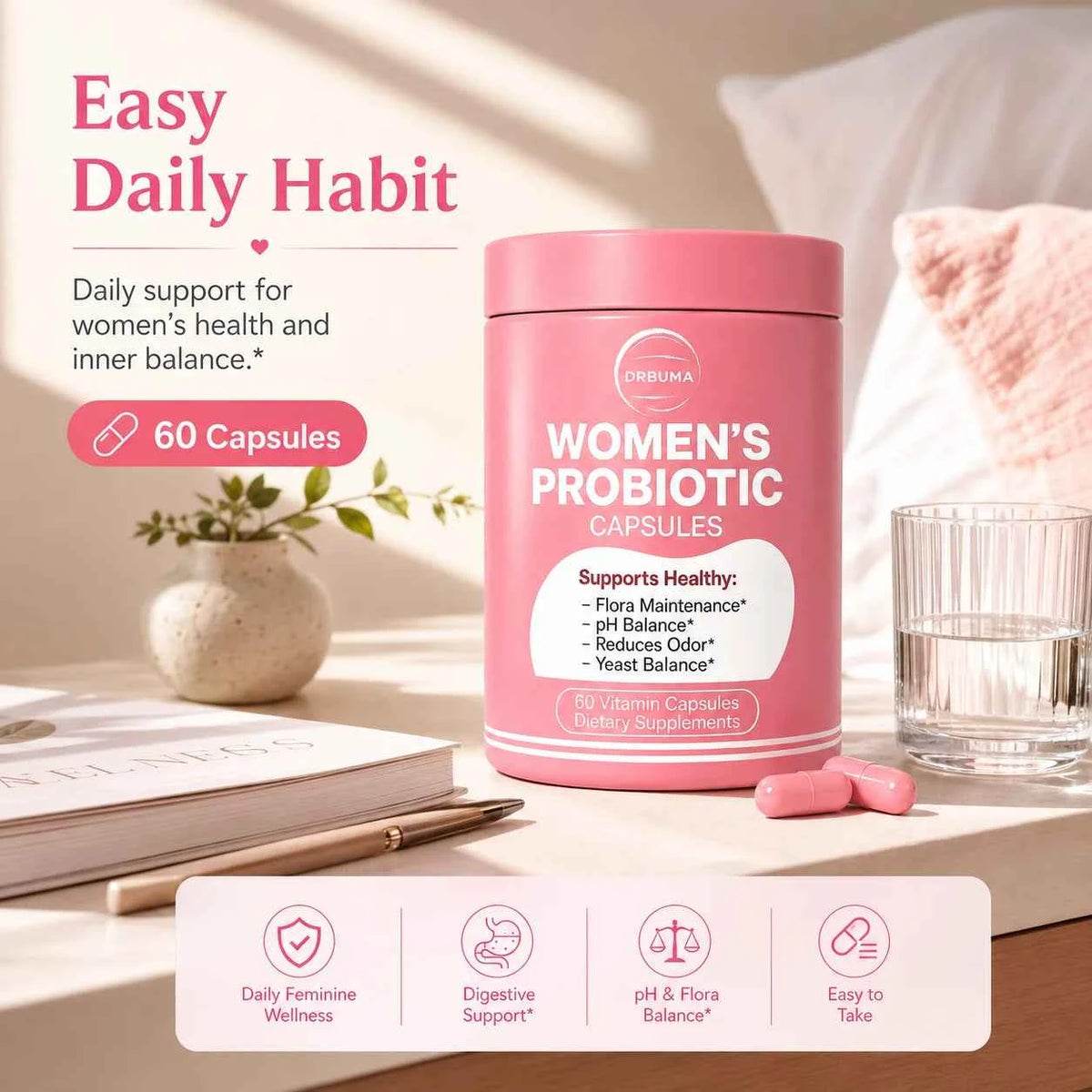 60-Capsule Probiotic Supplement for Women, Ideal Daily Dietary Nutritional Supplement, Portable Pink Bottle, Daily Care Partner for Females, Easy to Carry for Home, Office and Travel Use, Nutritional Supplement for Women’s Vibrant Lifestyle