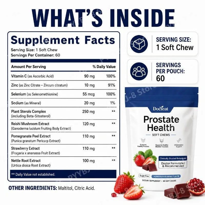 Men's Daily Prostate Health Supplement – Plant Sterols Beta-Sitosterol Zinc Vitamin C Selenium 60 Soft Chews Pomegranate-Berry Healthy supplements