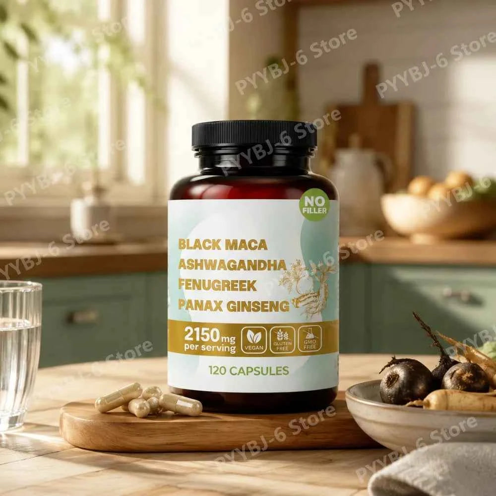 4-in-1 Organic Black Maca Root Ashwagandha Fenugreek Panax Ginseng Capsules 120 Count Male & Female Energy Support Supplement