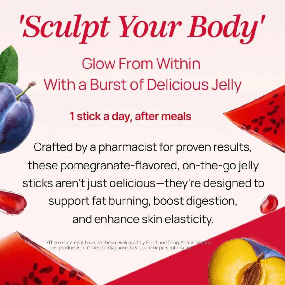 Korean Beauty Pomegranate Collagen Jelly Stick Dietary Fiber Supplement for Weight Management, Chia Seeds & Garcinia Cambogia