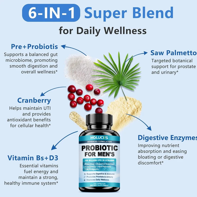 HOLUCKS Men's Probiotic Supplement with Prebiotics & Enzymes, Support Gut Health, Immune System & Daily Overall Wellness for Men Healthy supplements