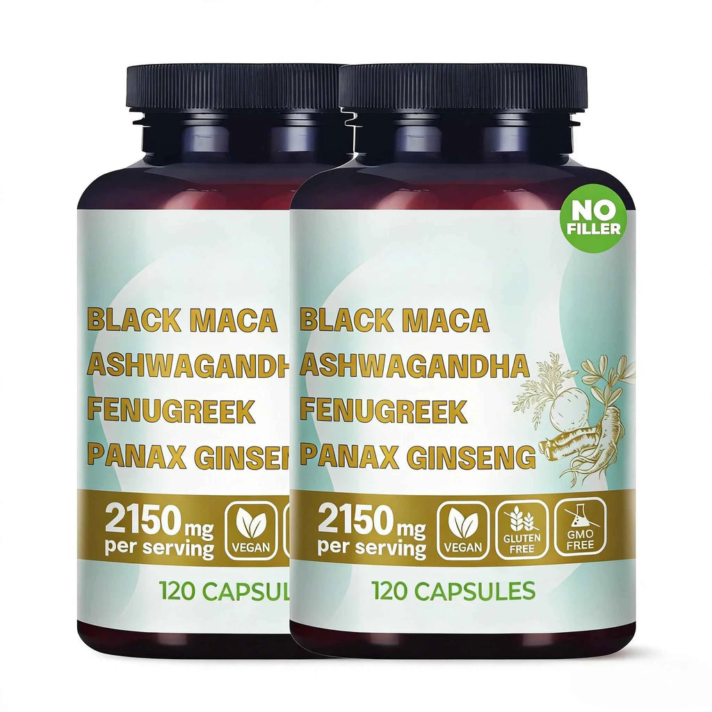 4-in-1 Organic Black Maca Root Ashwagandha Fenugreek Panax Ginseng Capsules 120 Count Male & Female Energy Support Supplement