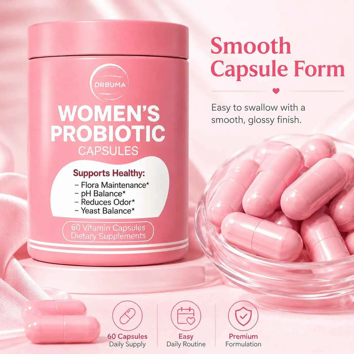 60-Capsule Probiotic Supplement for Women, Ideal Daily Dietary Nutritional Supplement, Portable Pink Bottle, Daily Care Partner for Females, Easy to Carry for Home, Office and Travel Use, Nutritional Supplement for Women’s Vibrant Lifestyle