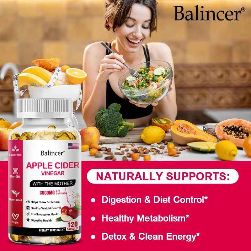 Balincer Apple Cider Vinegar Capsules 3000mg, Detox & Cleanse, Fat Burning, Healthy Weight Management Supplement Non-GMO