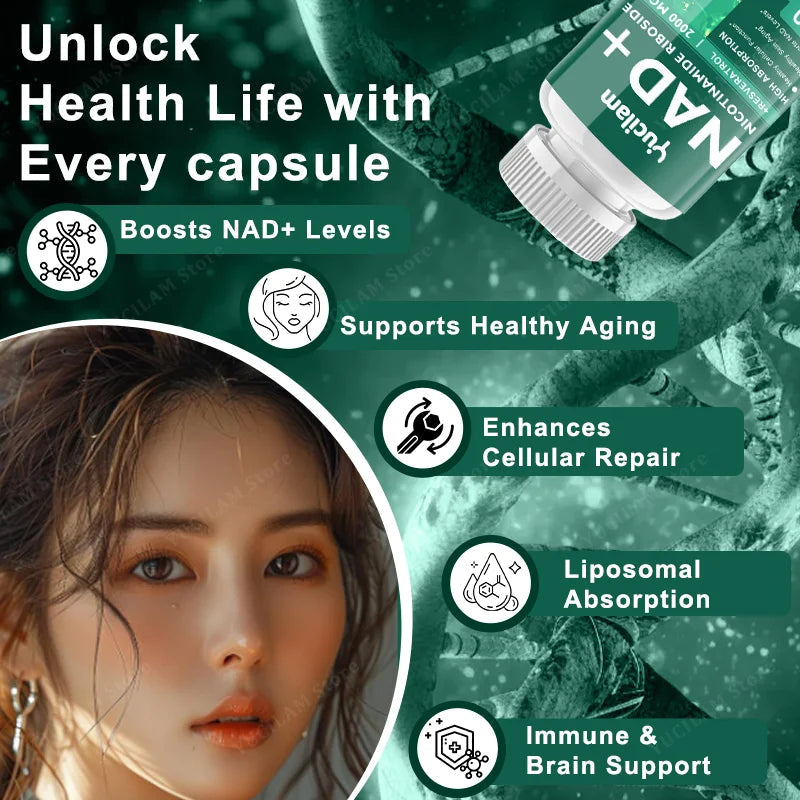 NAD+ Resveratrol Supplement - Anti-Aging, Energy Boost, Cell Repair, Skin Health, Brain Cognition - Provides Sustained Vitality Healthy supplements