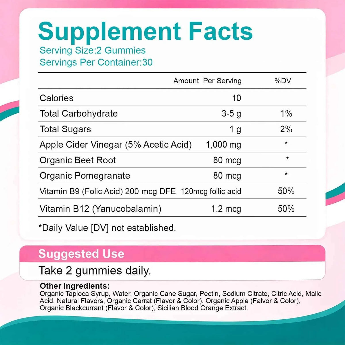 Apple Cider Vinegar Gummies Dietary Supplement with B9 B12 & Organic Beetroot Extract for Adults, Support Healthy Weight Management