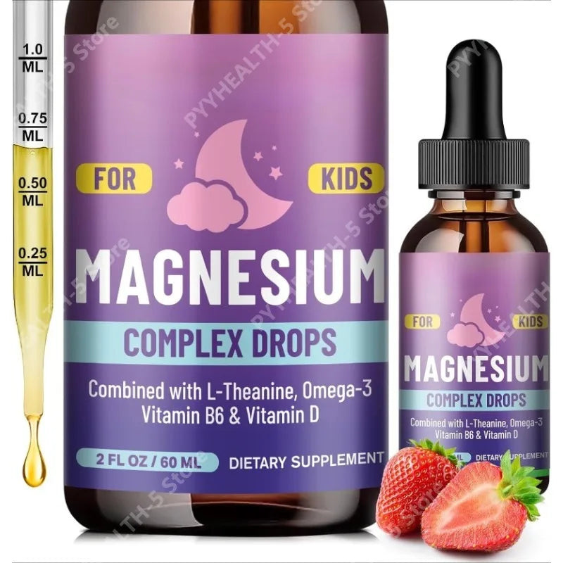 Kids Liquid Drops, Magnesium Glycinate with L-theanine Omega-3 Vitamin B6 D3 for Supports Bone Health and Relaxation 60 Ml Healthy supplements