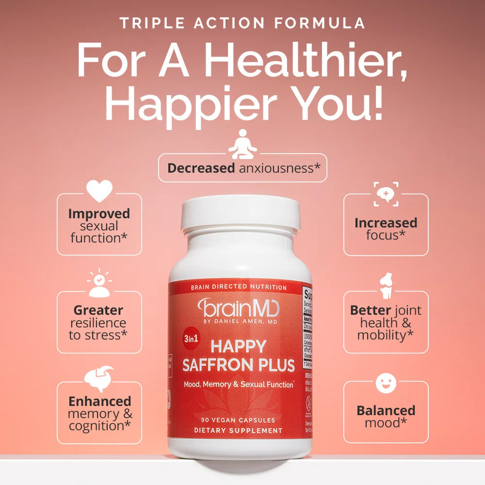 Happy Saffron Plus Supplements - Saffron Flower Extract Supplement for Eye Health Support - Mood Enhancer for Men & Women Healthy supplements
