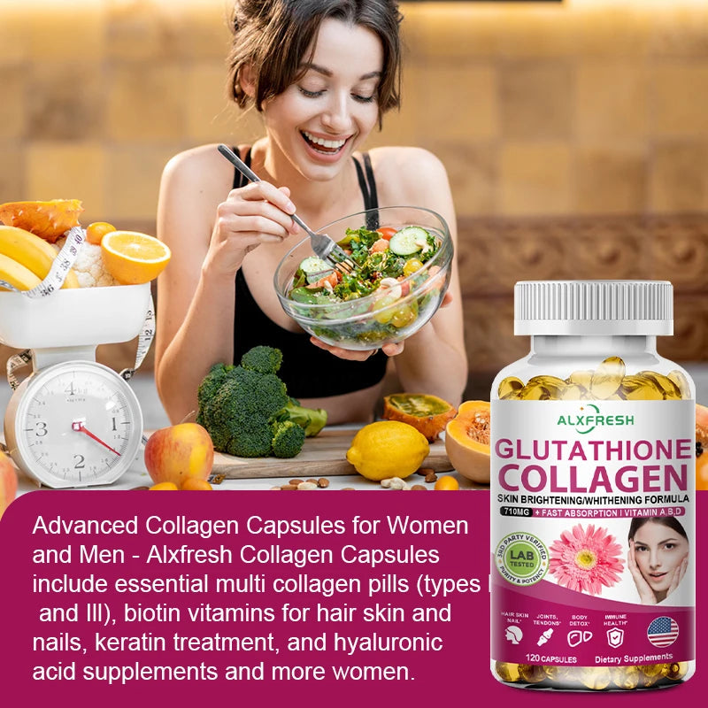 Multi Collagen Pills with Hyaluronic Acid + Vitamin C | Hydrolyzed Collagen Glutathione | for Women & Men Skin Nail Hair Health Healthy supplements