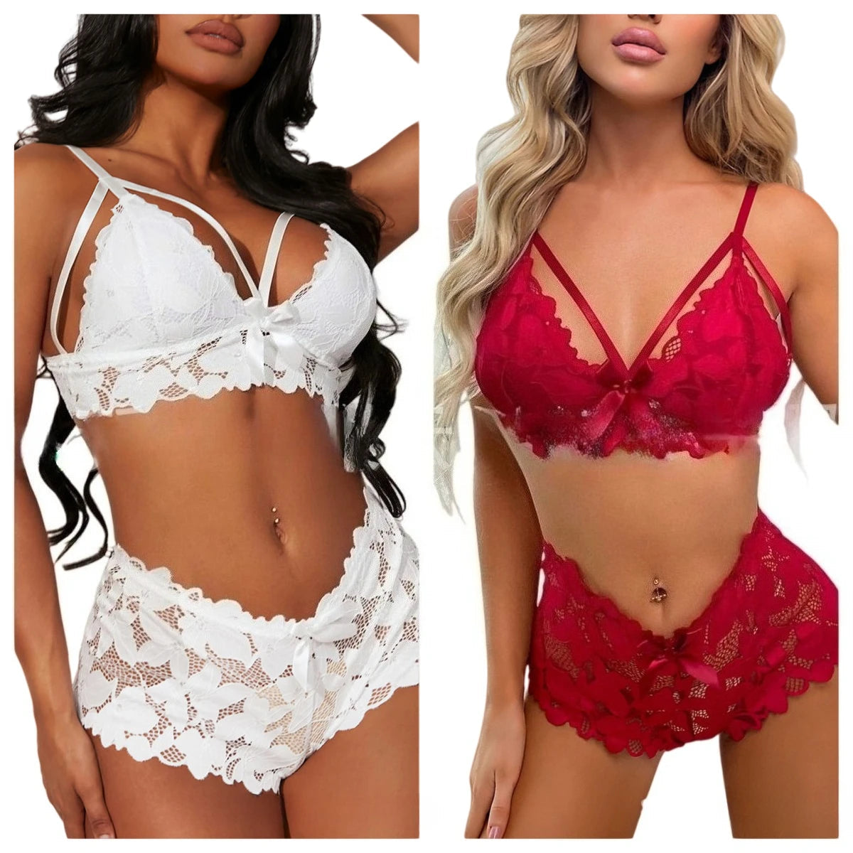 Women Strappy Floral Lace Lingerie Set V Neck Bra High Waist Panty Bow Sheer Mesh Intimate Sleep Honeymoon Bedroom Outfit Healthy supplements