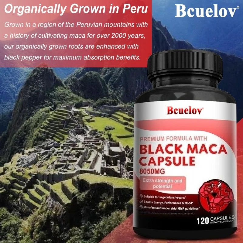 Powerful Black Maca Supplement for Men and Women, Improve Energy, Endurance, Muscle Mass Health, Maca Root Vegan Capsule Healthy supplements