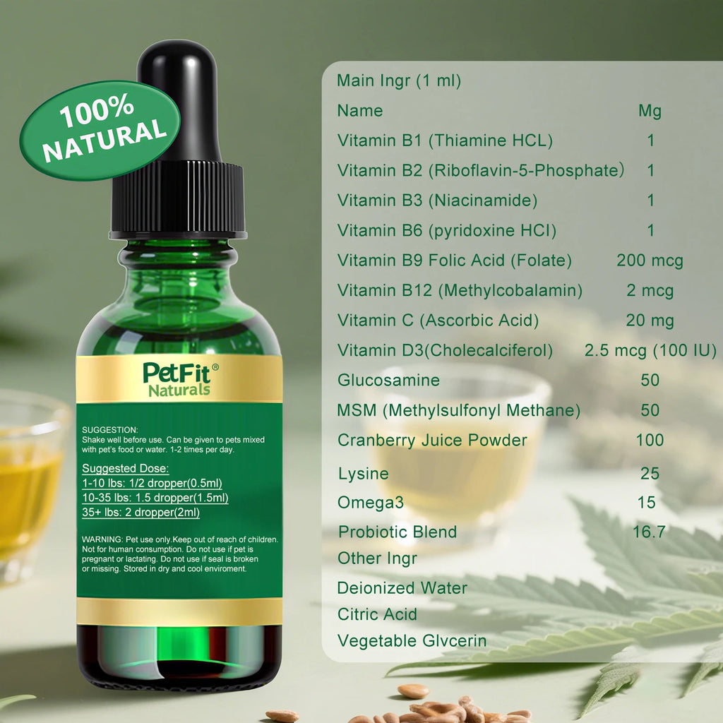 PetFit Naturals 2oz Liquid Cat Vitamins Lysine Probiotics Omega3 Supplement for Feline Kidney Immunity Skin Digestive Health Healthy supplements