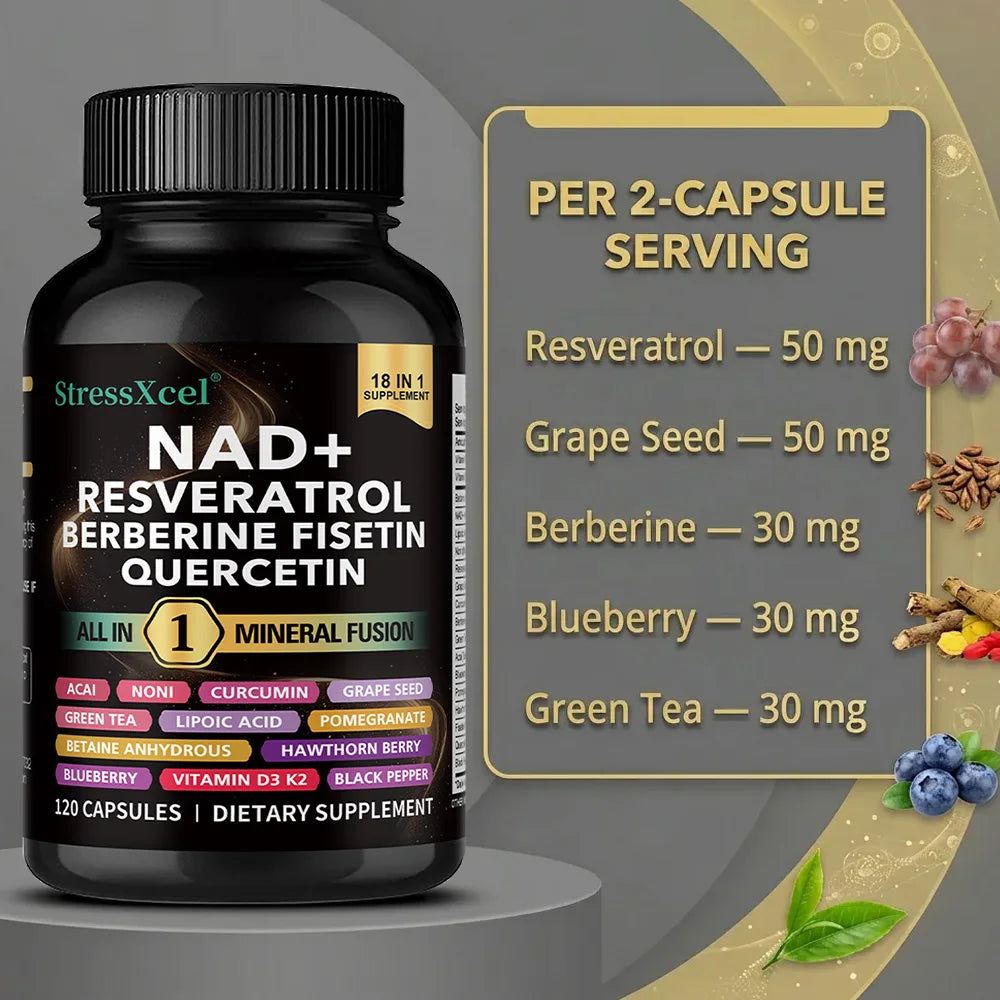 NAD+ Supplement with Resveratrol Quercetin Berberine, Boost NAD Levels, Anti-Aging, Cellular Energy & Heart Health, Antioxidant Healthy supplements