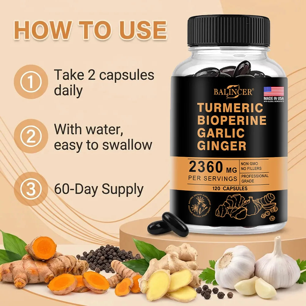 Turmeric Ginger Capsules 2360mg with Curcumin 95%, Garlic & Black Pepper, Joint Support, Digestion & Immune Health Supplement Healthy supplements