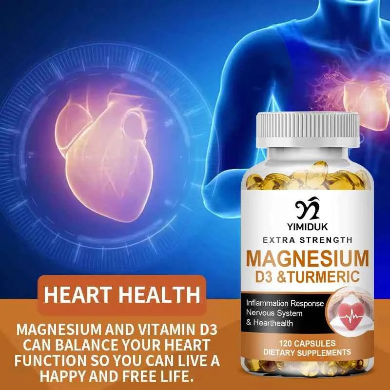 Magnesium Supplement, with Vitamin D3 & Turmeric, Supports Heart Health, Nervous System & Circulatory Function for Men Women