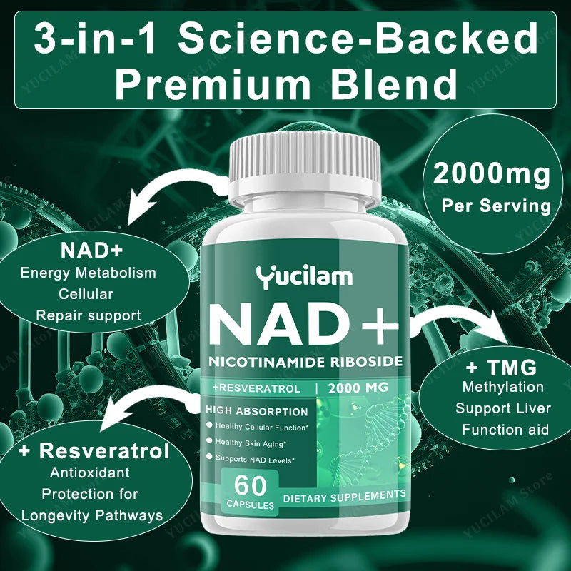 NAD+ Resveratrol Supplement - Anti-Aging, Energy Boost, Cell Repair, Skin Health, Brain Cognition - Provides Sustained Vitality Healthy supplements