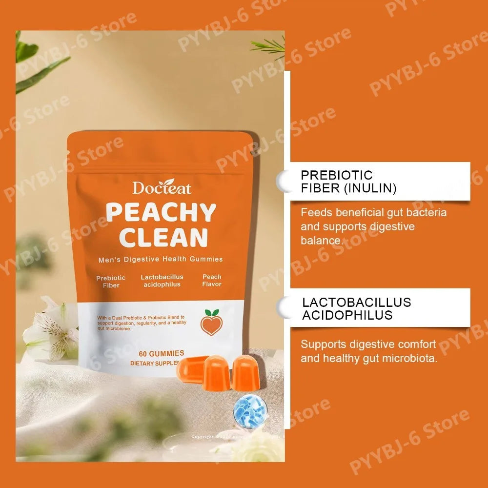 Docteat Peachy Clean Men's Digestive Health Gummies Prebiotic & Probiotic Blend Peach Flavor 60 Gummies Dietary Supplement Healthy supplements