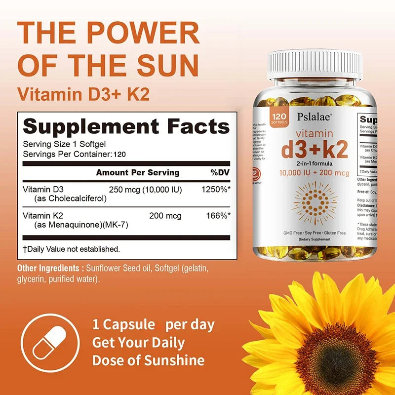 Vitamin D3 10000 IU with K2 200 Mcg, 120 Soft-Gels | 2 in 1 Immune Support, Healthy Muscle Function and Bone Health Healthy supplements
