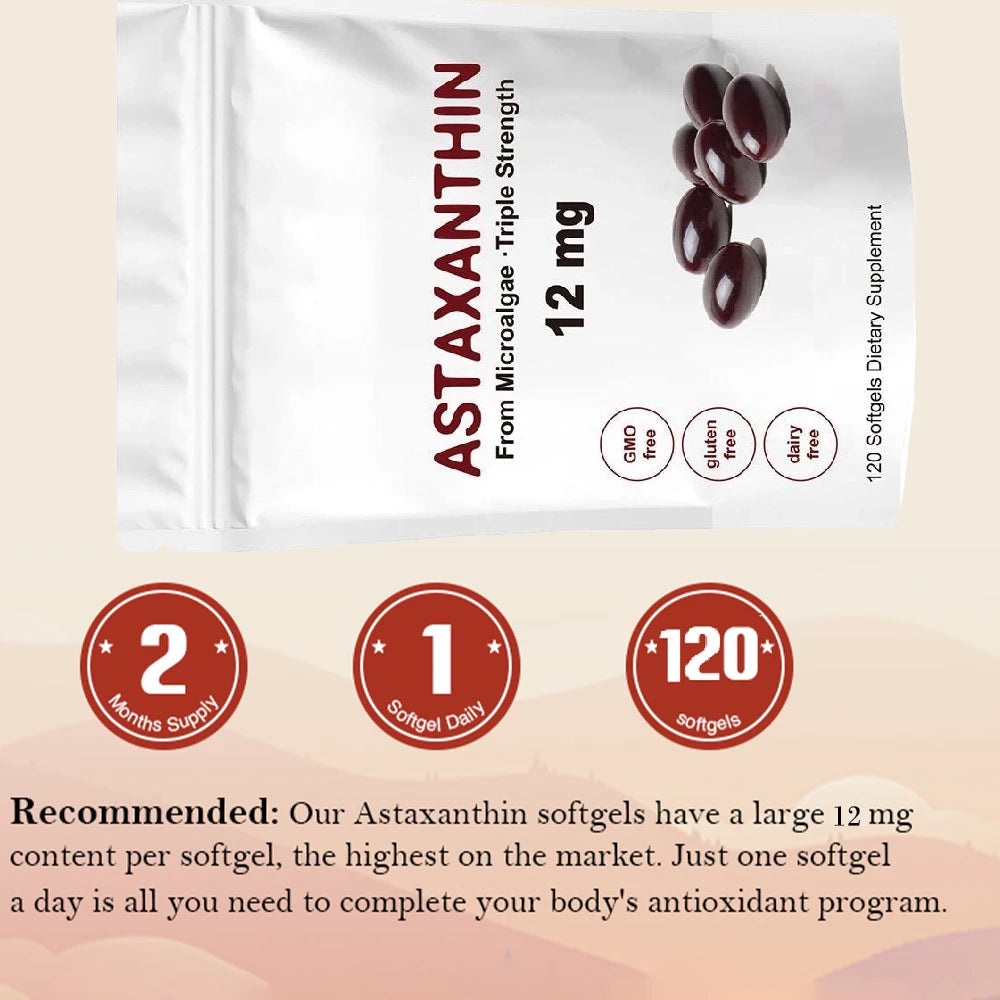 Astaxanthin 12mg, Premium Astaxanthin Antioxidant Supplements with Antioxidant Activity, Supports Eye, Immune, Skin Health Healthy supplements