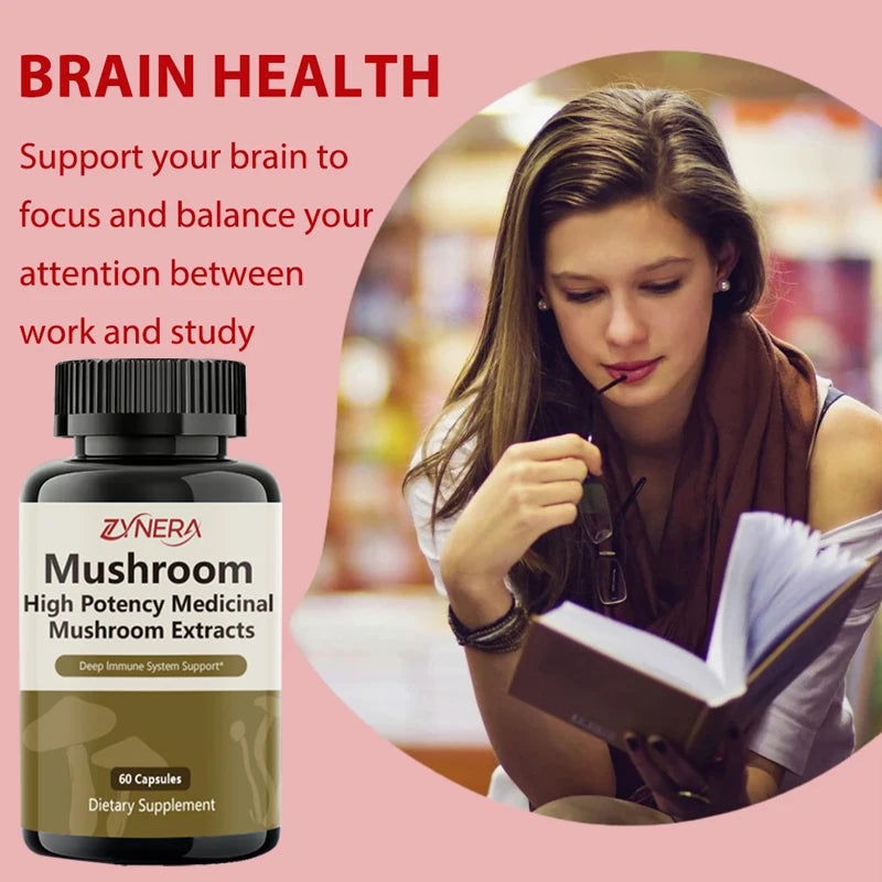 Mushroom Complex Capsules Supplement Support Immunity and Focus Health Boost Memory Protect Brain Nerves for men women stressful Healthy supplements
