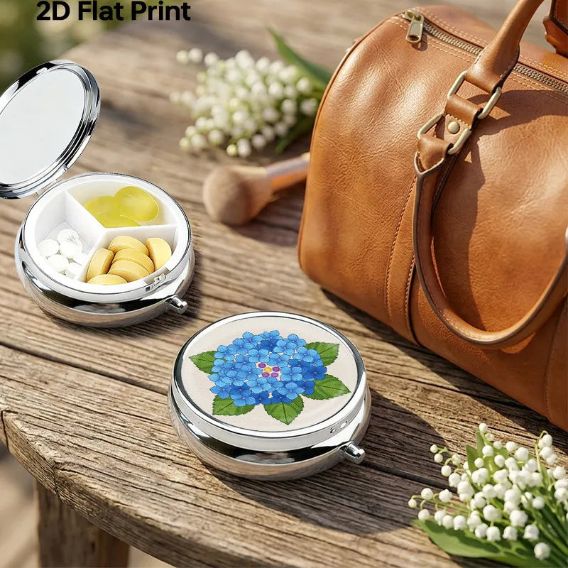 Portable Mini Metal Pill Box Blue Hydrangea Floral 3 Compartment Medicine Case Travel Pill Organizer Small Pocket Vitamin Storage Holder for Purse Floral Pattern Medicine Dispensing Container Compact Durable Health Care Gift for Women Mom Healthy supplements