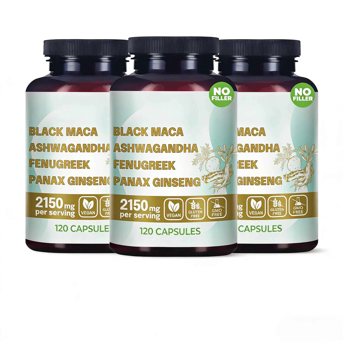 4-in-1 Organic Black Maca Root Ashwagandha Fenugreek Panax Ginseng Capsules 120 Count Male & Female Energy Support Supplement