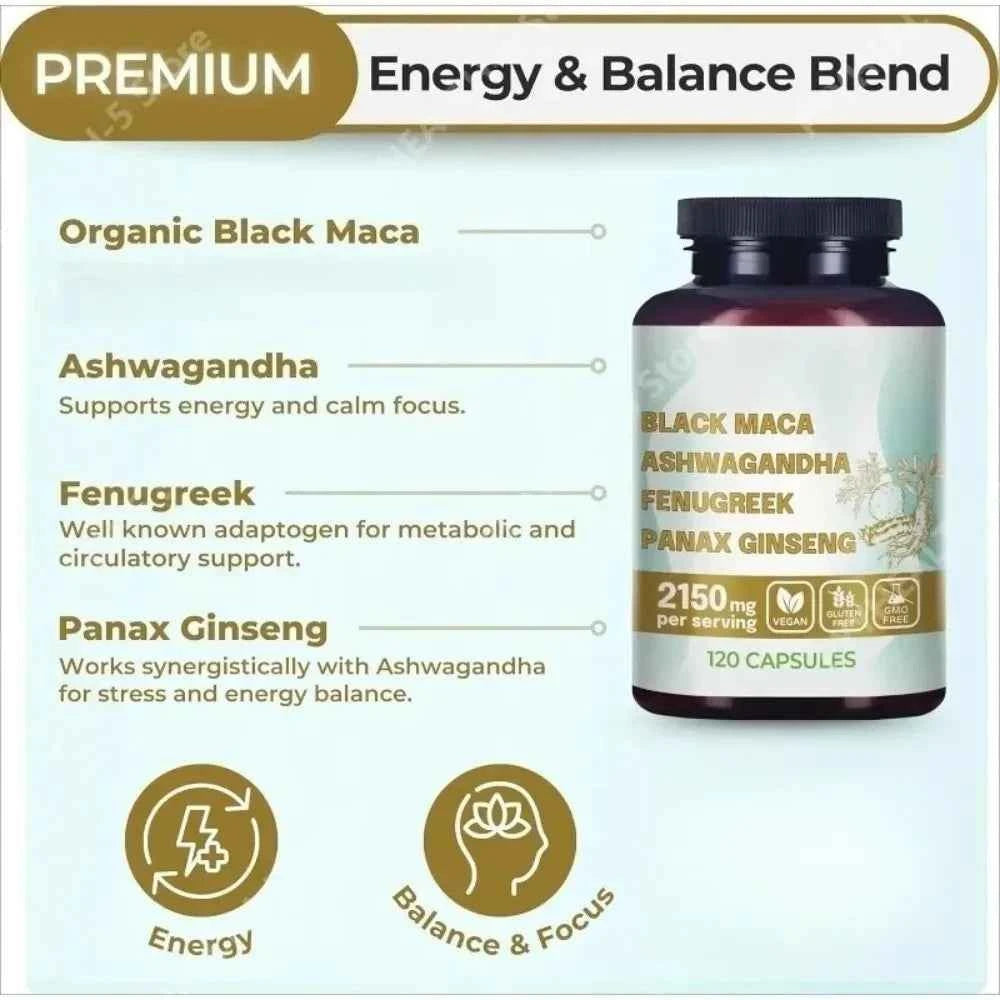 4-in-1 Organic Black Maca Root Ashwagandha Fenugreek Panax Ginseng Capsules 120 Count Male & Female Energy Support Supplement