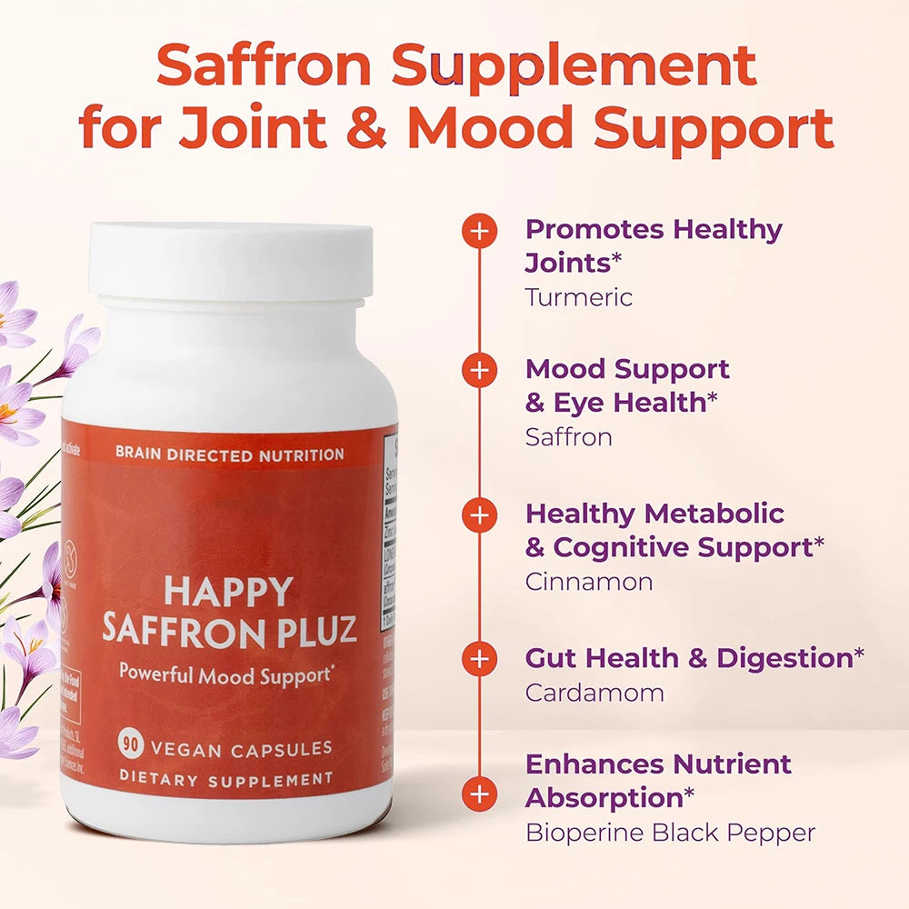 Happy Saffron Supplements Saffron Extract for Mood & Memory, Eye Health - Joint Supplement for Women & Men - 90 Vegan Capsules Healthy supplements