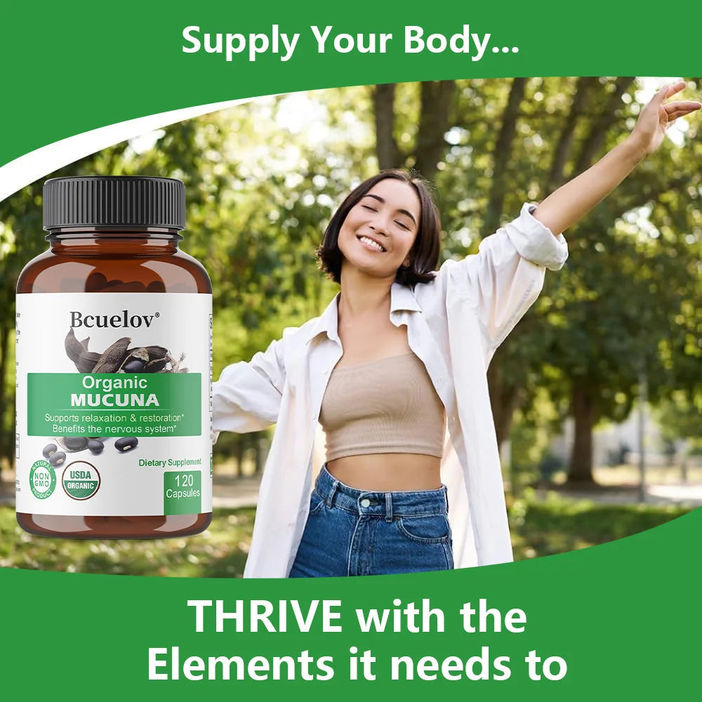 Organic Mucuna Capsules - Supports Relaxation and Well-Being - Natural Herbal Supplement for Nervous System Health Healthy supplements