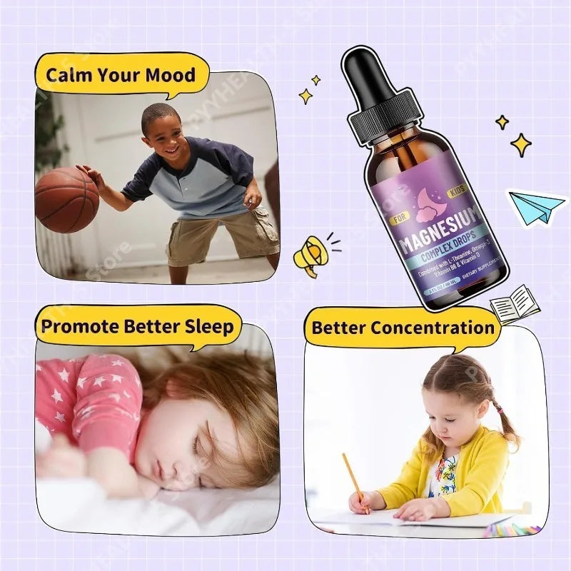 Kids Liquid Drops, Magnesium Glycinate with L-theanine Omega-3 Vitamin B6 D3 for Supports Bone Health and Relaxation 60 Ml Healthy supplements