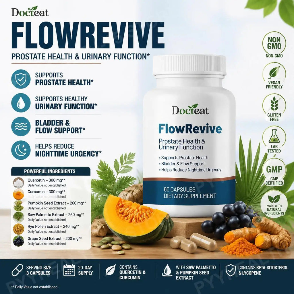 Docteat FlowRevive Men’s Saw Palmetto Prostate Health Supplement with Beta Sitosterol Pygeum Quercetin Curcumin 60 Capsules Healthy supplements
