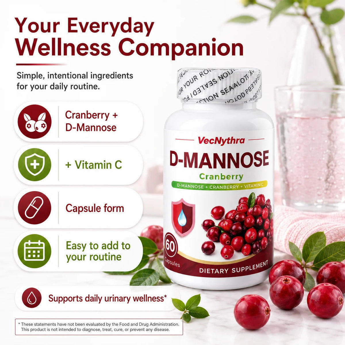 VecNythra Cranberry D-Mannose Supplement with Vitamin C Uva Ursi Leaf Extract for Women 60 Capsules 30 Day Supply Healthy supplements