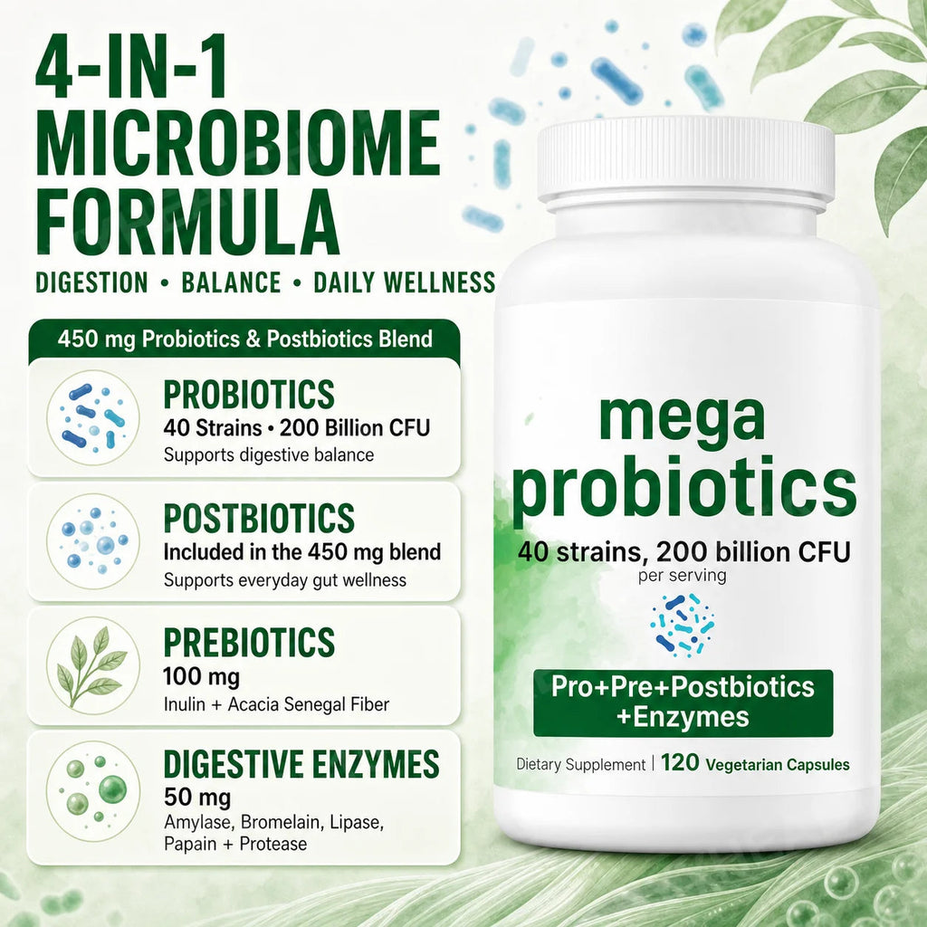 Probiotics Capsules 200 Billion CFU 40 Strains Prebiotics Digestive Enzymes Gut Health Supplement 120 Veg Capsules Men Women Healthy supplements