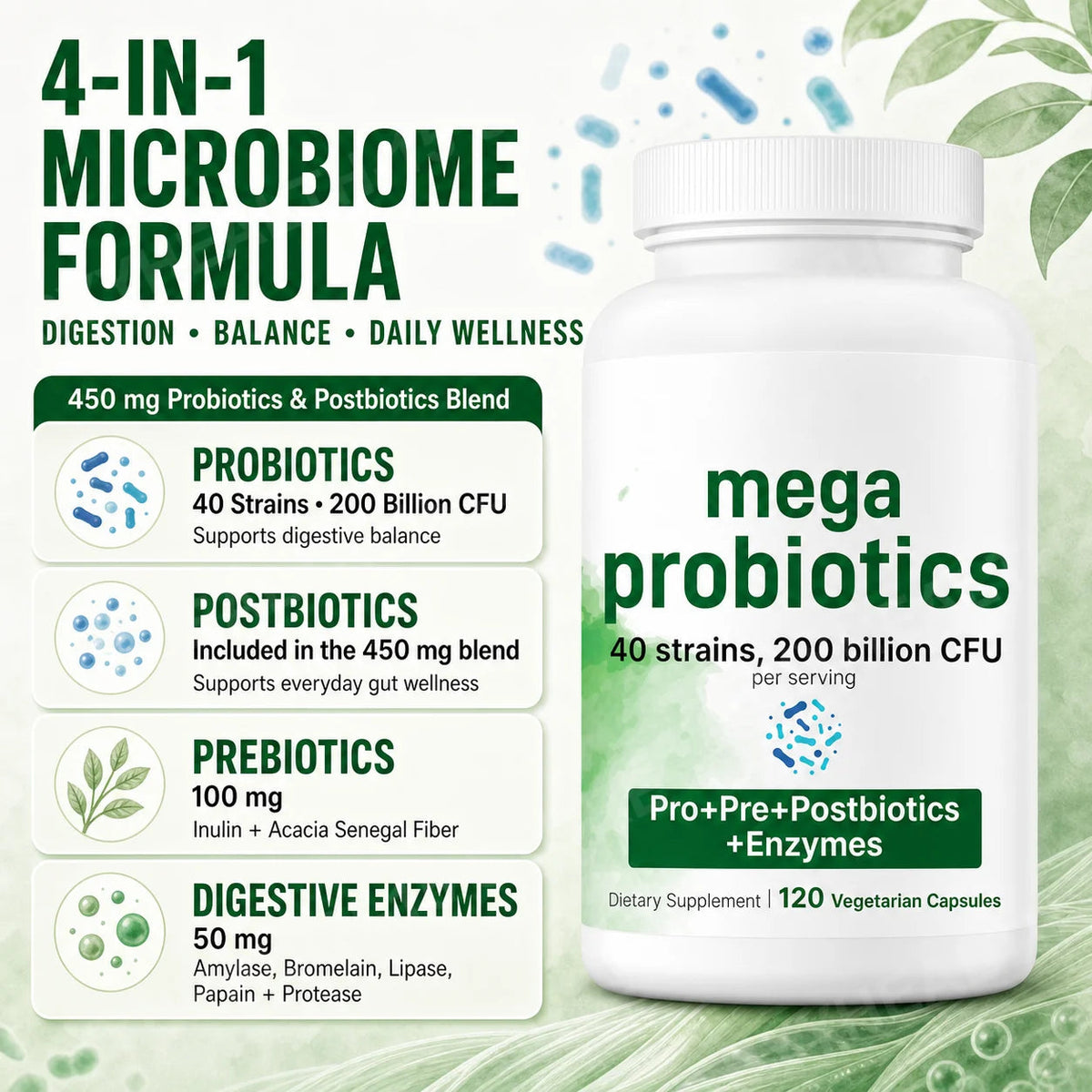 Probiotics Capsules 200 Billion CFU 40 Strains Prebiotics Digestive Enzymes Gut Health Supplement 120 Veg Capsules Men Women Healthy supplements