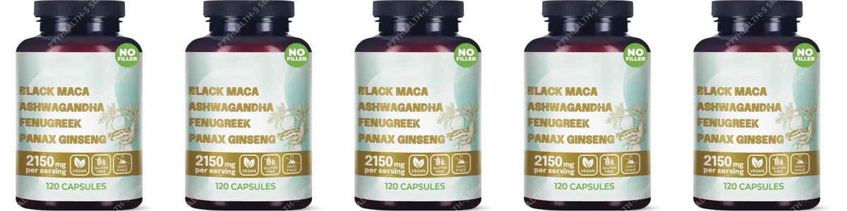 4-in-1 Organic Black Maca Root Ashwagandha Fenugreek Panax Ginseng Capsules 120 Count Male & Female Energy Support Supplement