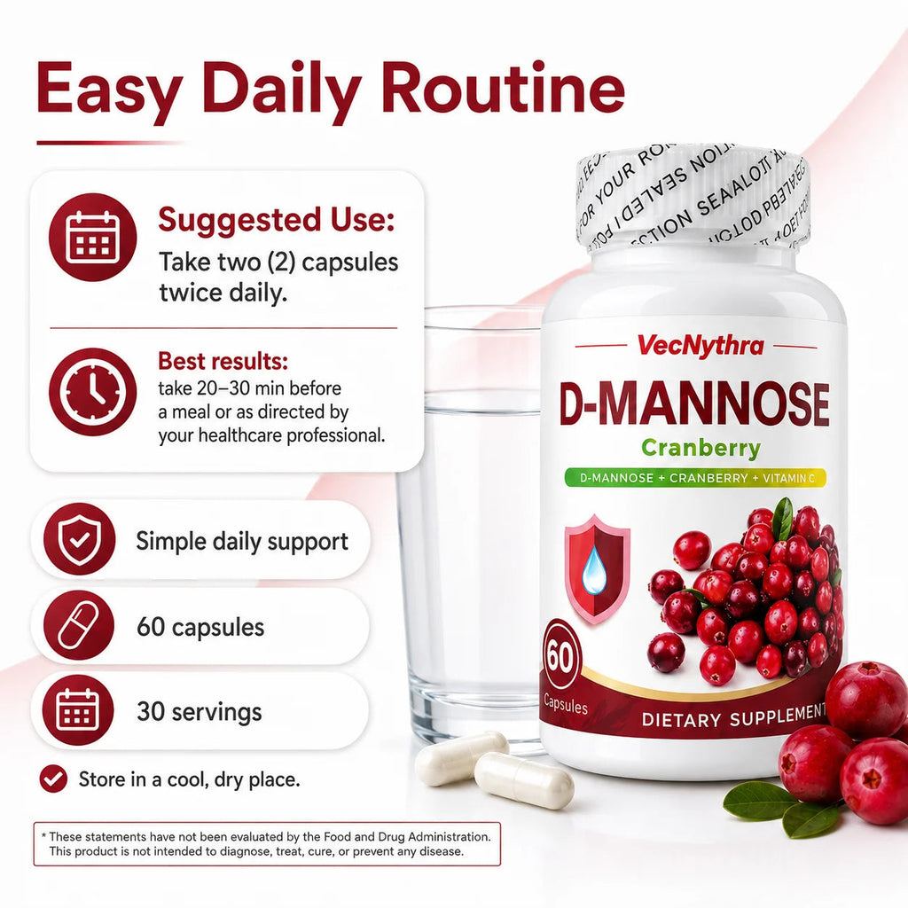 VecNythra Cranberry D-Mannose Supplement with Vitamin C Uva Ursi Leaf Extract for Women 60 Capsules 30 Day Supply Healthy supplements