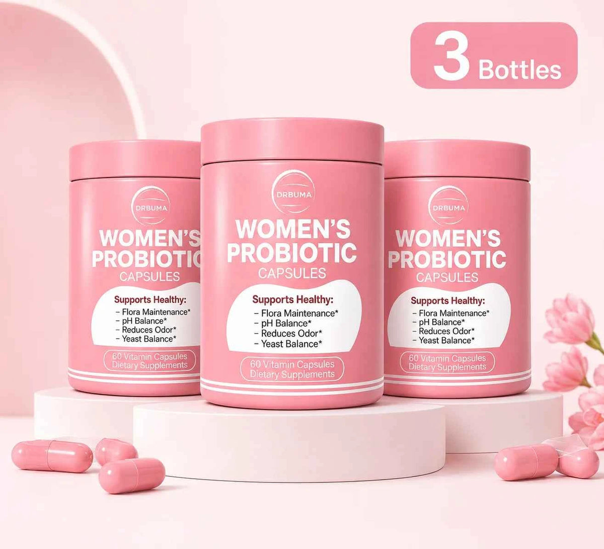 60-Capsule Probiotic Supplement for Women, Ideal Daily Dietary Nutritional Supplement, Portable Pink Bottle, Daily Care Partner for Females, Easy to Carry for Home, Office and Travel Use, Nutritional Supplement for Women’s Vibrant Lifestyle